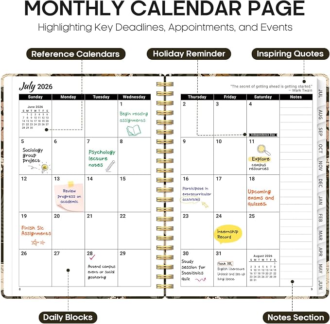 Planner 2026-2027, Academic Year Monthly and Weekly Calendar Planner, Jul 2026 - Jun 2027, Hardcover Teacher Student Planning Agenda book with Tabs, Perfect for School Office Supplies, 6.3" x 8.5" - Wild Rose
