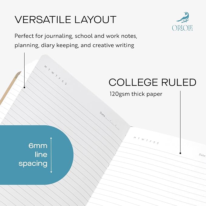 Oriole Vegan Leather Ruled Notebook - Walnut Cream | 176 Pages of Thick Lined Paper | Soft Touch Hardcover Journal (5 x 8 in) with Gold Foil Bird Design & Luxury Gift Box