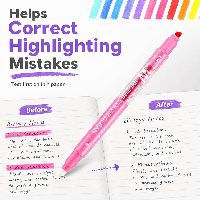 YOOUSOO Erasable Highlighters, Erasable Highlighter Assorted Colors | Dual Tip Pastel Bible Highlighters No Bleed, Color Tip & Eraser Tip Highlighter Markers for Bibles Journaling School Supplies