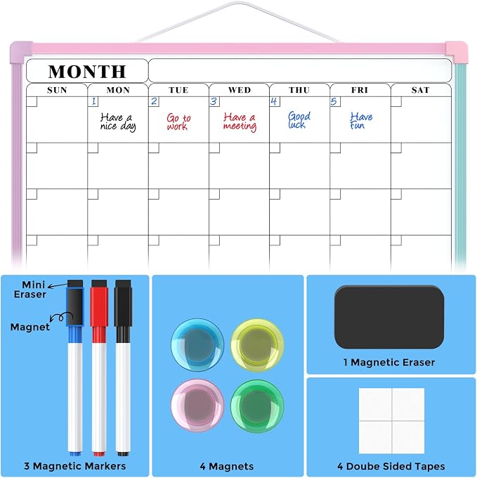 MaxGear Monthly Calendar Dry Erase Board for Wall, 16"x12", Macaron Frame | Double-Sided, Hanging Small White Board, Portable Whiteboard for Planning, Drawing, Memo, to Do List, Home, Kitchen, Office