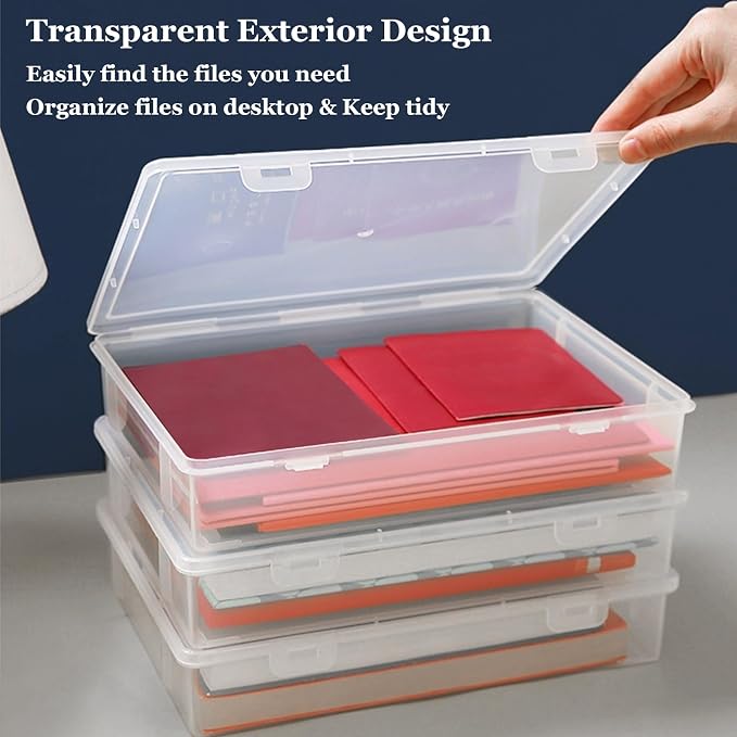 3 Pack Plastic Storage Boxes with Hinged Lids for 8.5" x 11" Letter, 2" Height A4 File Storage Case, Clear Scrapbook Paper Storage Boxes Documents Magazines Holder