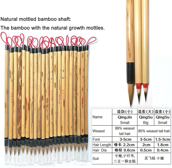 Weasel Hair Chinese Calligraphy Brush Premium Chinese Brush Sumi Brushes 99% Weasel Hair wolf hair for Font 3-5cm, 1pc QingJin