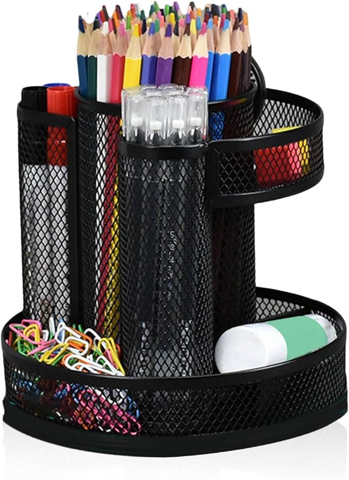 HERCHR 360 Rotating Desk Pen Holder Organizer, Black Mesh Metal Rotating Pencil Holder with 7 Compartments, Office Desk Organizer for Pencils Scissors Art Supplies, 6.1x6.5x3.1in