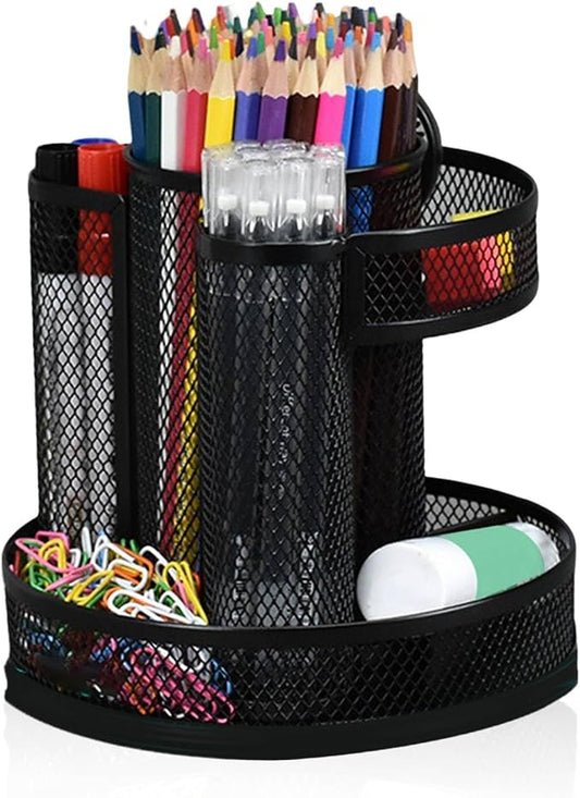 HERCHR 360 Rotating Desk Pen Holder Organizer, Black Mesh Metal Rotating Pencil Holder with 7 Compartments, Office Desk Organizer for Pencils Scissors Art Supplies, 6.1x6.5x3.1in