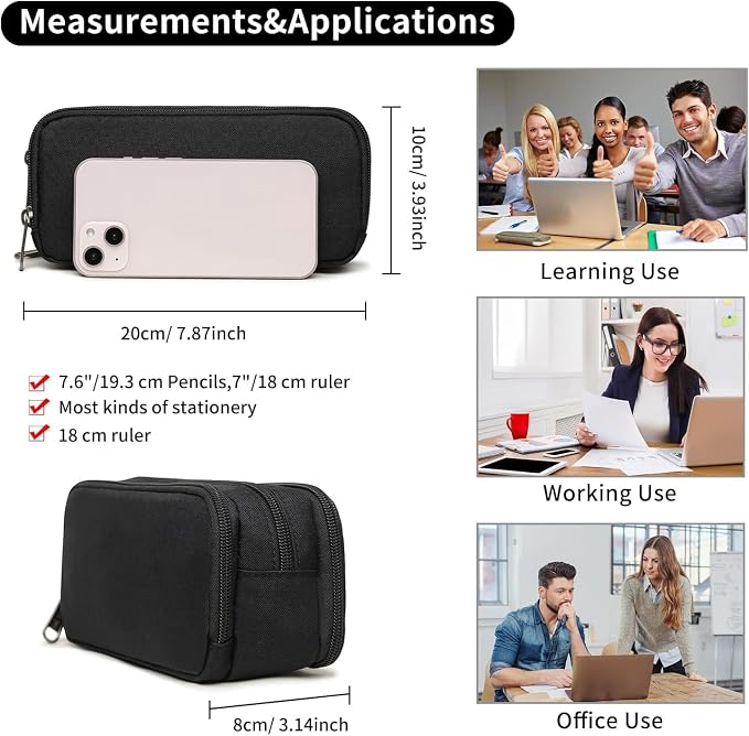 Della Gao Large Capacity Pencil Case, Aesthetic Pencil Pouch with 3 Compartments Nylon Storage Pen Bag Office Stationery Organizer for Women and Men(01-3BK)