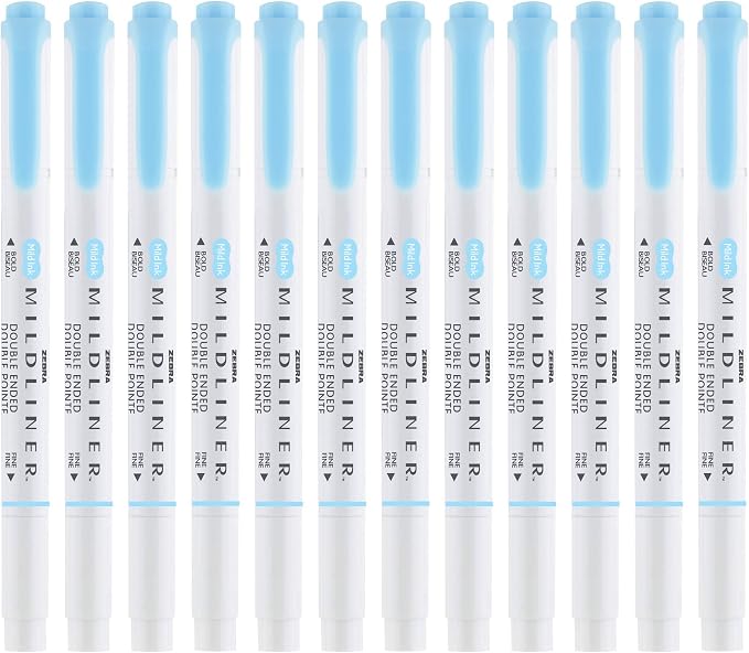 Zebra Pen MILDLINER No Bleed Highlighter, Blue Color, Dual Tip, 12-Pack | Broad and Fine Point Tip Marker Set, Ideal for Bible Highlighting, Journaling, Office, School and Teacher Supplies (78120upc)