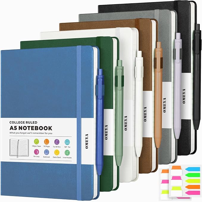 OMEYA A5 Hardcover Notebooks for Work: 6 Pack, 100gsm Paper, 160 Pages Each | College-Ruled Pages, 5.75" x 8.38", PU Leather Hardcover, 6 Pens, 2 Inner Pockets, 180° Lay-Flat, For Business, School