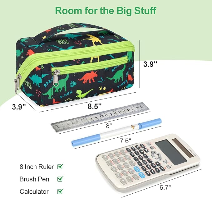 Large Pencil Case for Boys, Durable Kids Pencil Pouch for School, Wide Opening Soft Bag with Handle, Fits 50 Pens & Markers (Black Dinosaur) | Kids Pencil Case & Wide Handle, Water Resistent Organizer Box, Fits 50 Pens & Markers, Daily Use, Black Dinosaur