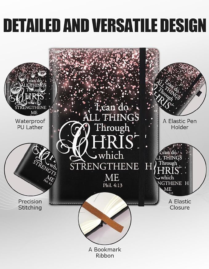 Hardcover Executive Notebooks, A5 PU Leather Lined Journal Notebook, 200 Pages Thick Paper Subject Notebooks for School,Work,Home Writing Business Notebook,Pink Background Bible Verse Phil 4-13