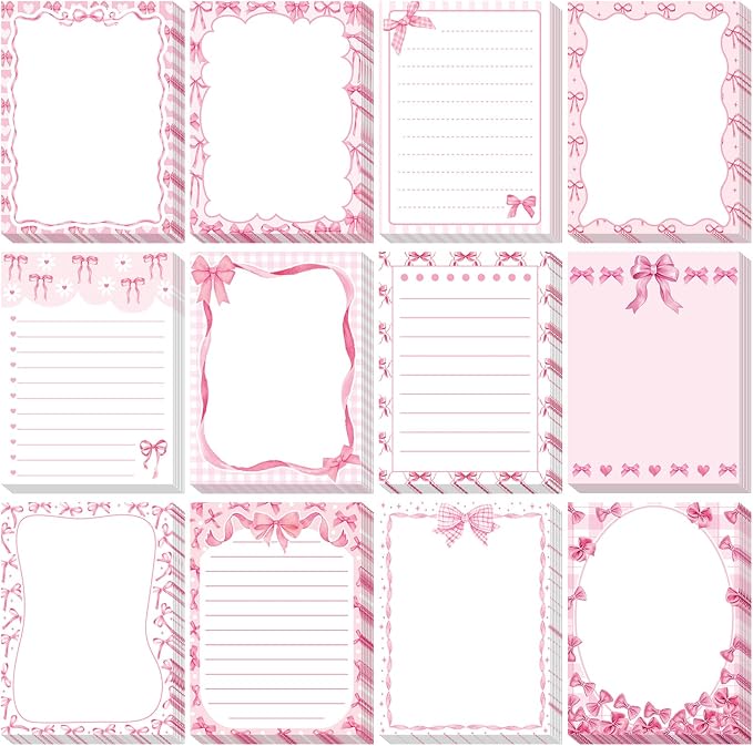 Chiisong 12 Pcs Pink Bow Sticky Notes Coquette Bowknot Self Adhesive Notepad Removable Memo Pad Pink Bow Party Supplies for Home Office Decor Birthday Wedding Bachelorette Party Decorations
