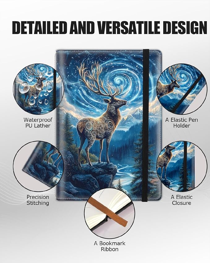 Hardcover Executive Notebooks, A5 PU Leather Lined Journal Notebook, 200 Pages Thick Paper Subject Notebooks for School,Work,Home Writing Business Notebook, Diary Book, Deer in Forest