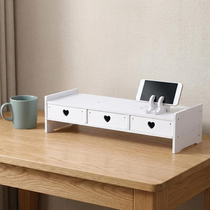 Tofficu Computer Monitor Riser with Drawer White Desk Shelf for Monitor and Keyboard Storage Rack Office Desk Organizer for Laptop Stand Riser for Home Office