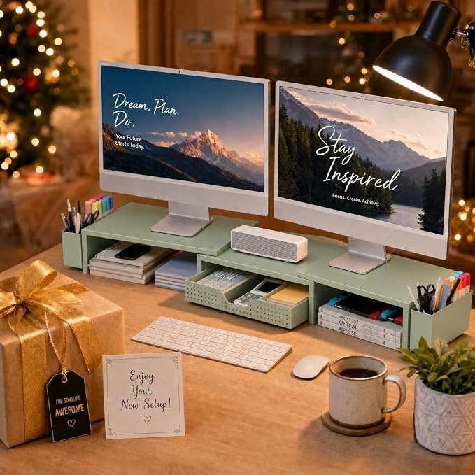 OPNICE Desk Organizers and Accessories, Dual Monitor Stand Riser with Drawer and 2 Pen Holders, Desk Shelf Metal Computer Monitor Stand for Office Workspace Organizers, Desktop Organization (Green Metal)