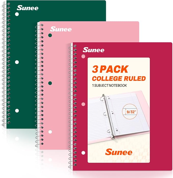 SUNEE Spiral Notebooks, 3 Pack, 1-Subject, College Ruled Paper, 8" x 10-1/2", 70 Sheets per Notebook, Assorted Colors Spiral Notebooks for School (Cherry, Pink, Green)