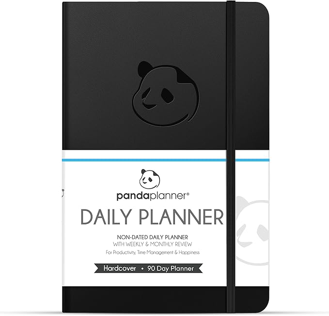 Panda Planner Classic A5 Undated Daily Planner 2026-2027, 8.25 x 5.75 Black | Hourly schedule, to do list, habit tracker, gratitude journal, quarterly layout, 100 GSM paper