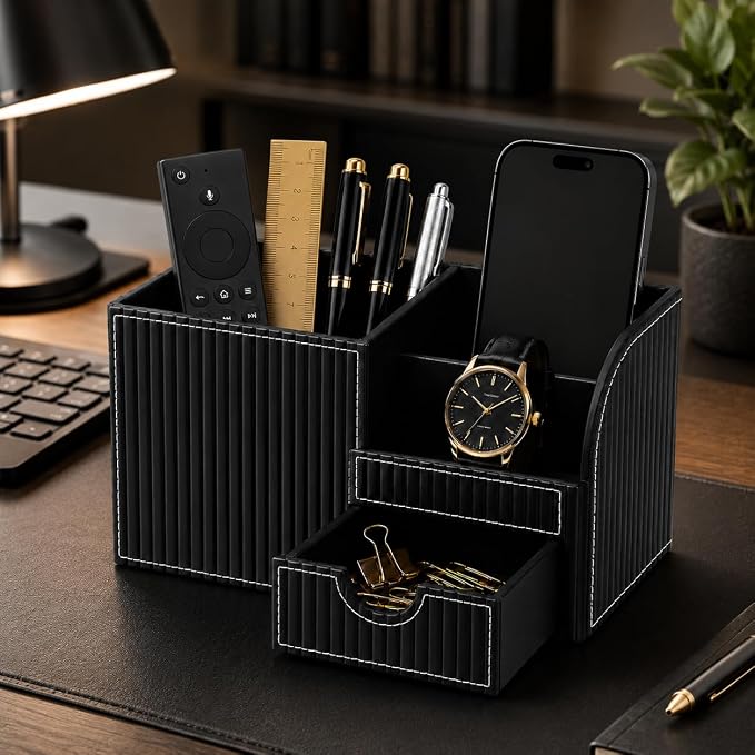 KINGFOM Executive Leather Desk Organizer with Drawer, Modern Black Desk Accessories for Men, Premium Office Desk Organizer with Pen Holder & Storage Compartments for Home Office