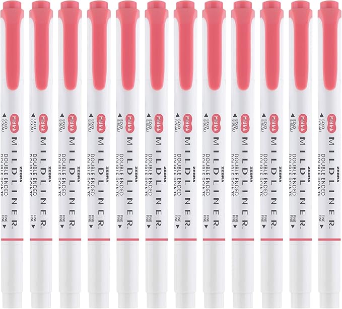 Zebra Pen MILDLINER No Bleed Highlighter, Red Color, Dual Tip, 12-Pack | Broad and Fine Point Tip Marker Set, Ideal for Bible Highlighting, Journaling, Office, School and Teacher Supplies (78130upc)