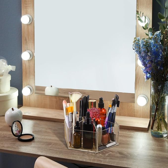 Zonon Acrylic Pen Holder Pencil Organizer 360 Degree Rotating Art Pencil Holder Organizer with 7 Compartments Acrylic Hexagon Pen Cup for Home Office Supplies(Clear)