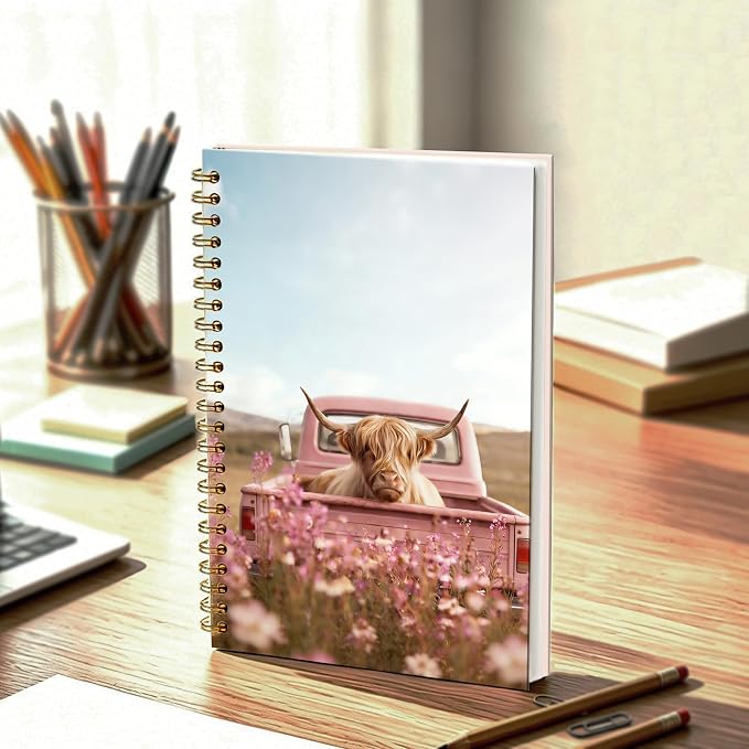 Pink Floral Highland Cow Journal Notebook 5.5x8.3, Farmhouse Pink Truck Highland Cow Journal, Cows Gifts for Women, Countryside Aesthetic Notebooks for Work