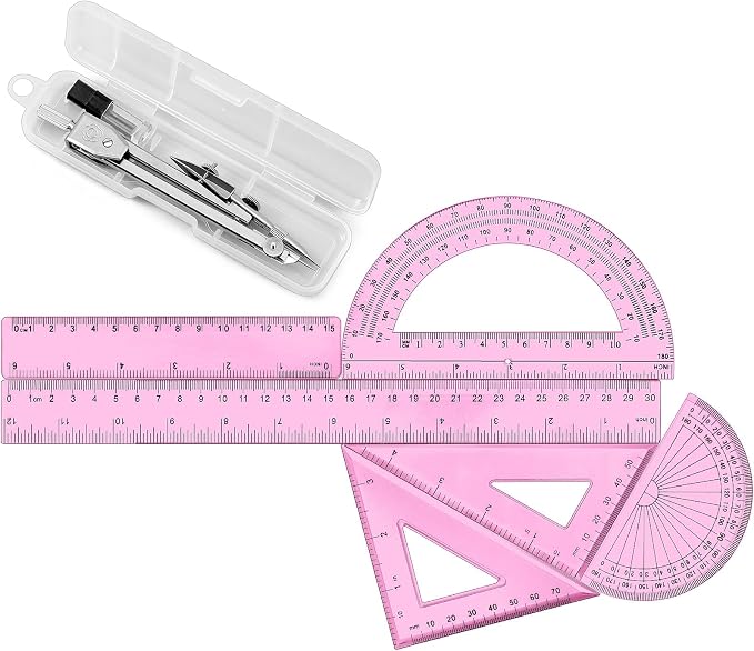 Zonon 7‑Piece Geometry Set with Drawing Compass, 6 & 4 Inch Protractors, Triangle Rulers and Straight Rulers, Transparent Math Drafting Supplies for Back to School, Students and Office Use(Pink)