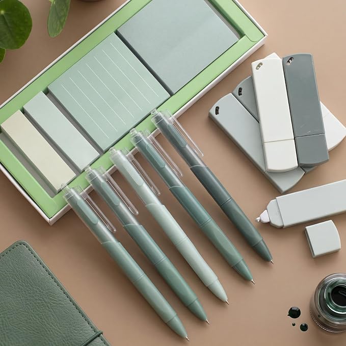 Resurhang Sage Green Office Desk Accessories Aesthetic School Supplies Pens Sticky Note Set 6 Mini Correction Tape 6 Retractable Black Ink Pens 0.5 mm Fine Point Pen Self Stick Index Tabs(Green)