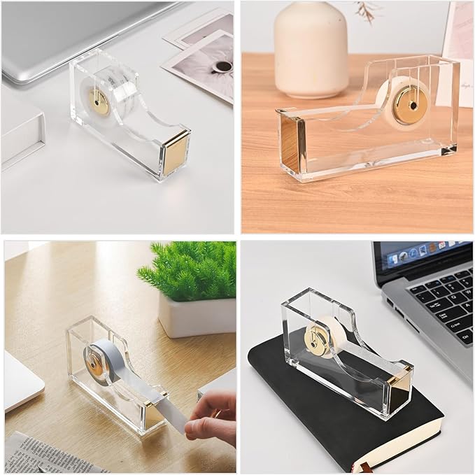 2-Pack Transparent Tape Dispenser, Modern Desktop Acrylic Tape Dispenser Kit, Non-Slip Rubber Holder Buttom, Desktop Adhensive Tape Cutter Holder for Office Desk, Home, School-Gold
