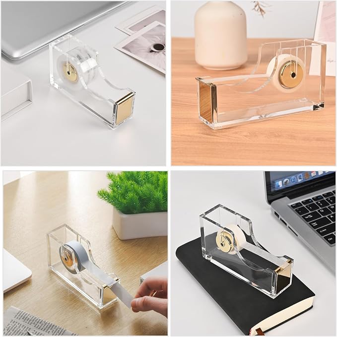 Clear Desktop Tape Dispenser, Modern Acrylic Tape Dispenser Kit, 1 Inch Core Desktop Adhensive Tape Cutter Holder for Office Desk, Home, School-Gold