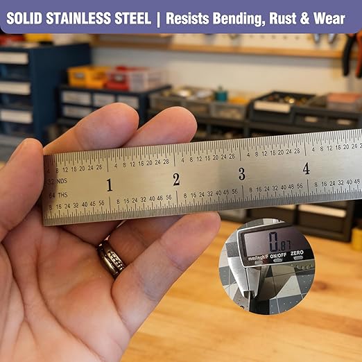 12 Inch Machinist Ruler Set - 2 Pack Stainless Steel Precision Double Sided Ruler with 1/64, 1/32, 1/16 & 1/8 Inch Graduations, Etched Markings - for Engineers,Woodworking and DIY (2, 12 Inch)