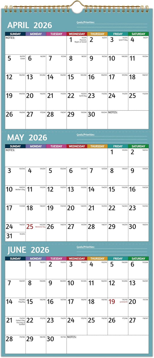 Wall Calendar 2026-2027 - 3 Month Calendar 2026-2027 Vertical, Apr 2026 - Jul 2027, 3 Month Wall Calendar, 11 x 26 In Open, 2026 Calendar with Large Print, Holidays, Thick Paper, Priorities ＆ Notes