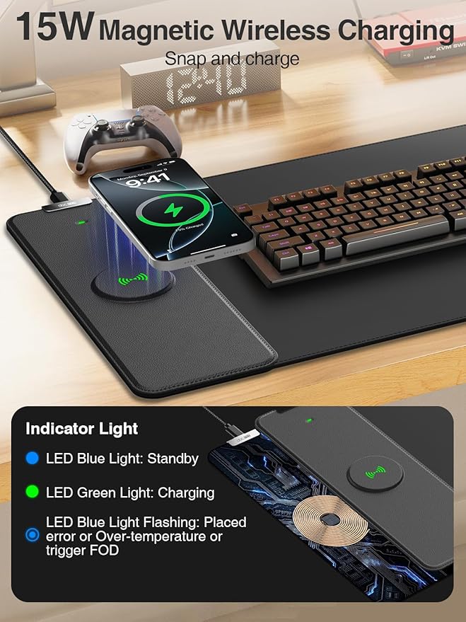 Magnetic Wireless Charging Mouse Pad, 31.5"x11.8" Large Desk Mat | Waterproof Mousepad, Smooth Glide, Stitched Edge, Non-Slip Rubber Base, Desk Pad Computer Keyboard Mat, No Adapter