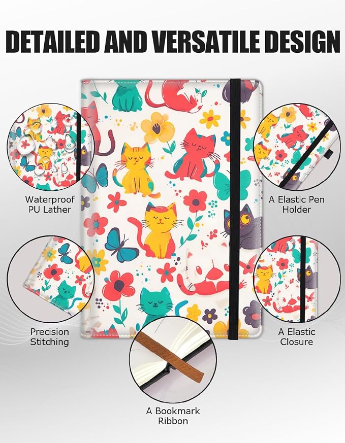 Hardcover Executive Notebooks, A5 PU Leather Lined Journal Notebook, 200 Pages Thick Paper Subject Notebooks for School,Work,Home Writing Business Notebook, Diary Book ，Cute Kitten Pattern