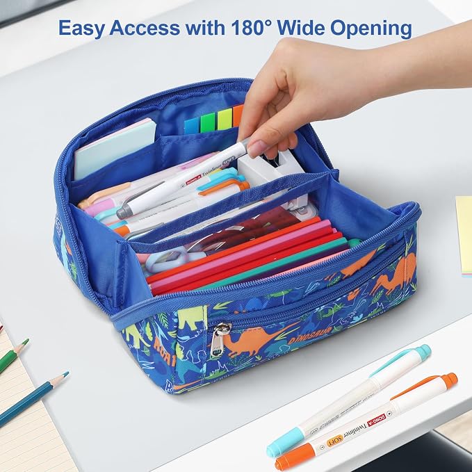 Large Pencil Case for Boys - Aesthetic Pencil Pouch for School | Kids Pencil Case & Wide Handle, Water Resistent Organizer Box,Fits 50 Pens & Markers, Daily Use, Blue Dinosaur