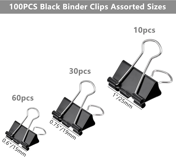 100pcs Binder Clips Assorted Sizes, Black Paper Clamps, Medium, Small, Mini 3 Sizes with Box for Office, School and Home (Pack of 2)