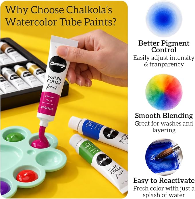 Chalkola Watercolor Paint Set for Adults & Professional Artists - 36 Watercolor Tubes Set (12ml, 0.4oz), 10 Painting Brushes & 1 Palette | Vibrant Water Color Art Painting Supplies