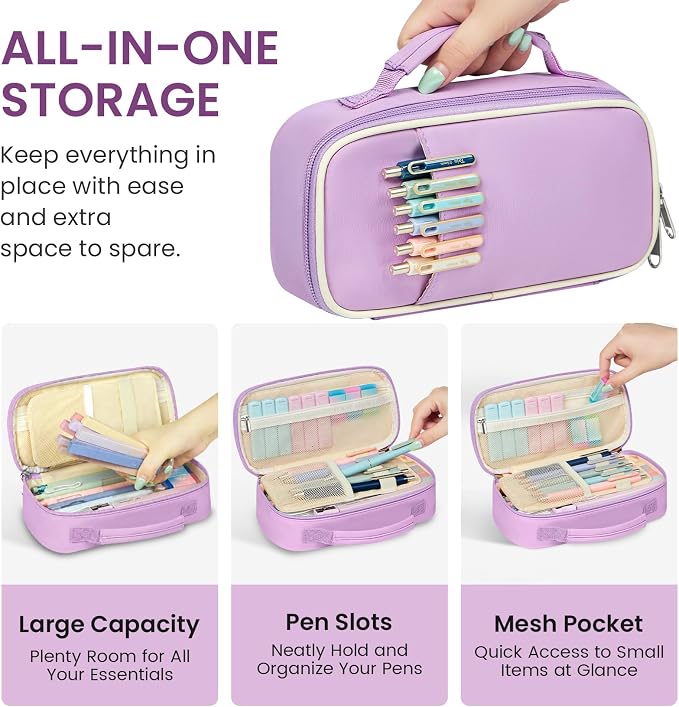 Cute Pencil Case With Supplies, 39 PCS Aesthetic Stationery Set with Pencil Pouch, 6 Black Ink Gel Pens, 12 Pastel Highlighters, 5 #2 HB Pencils, 4 Mechanical Pencils, Back to School Supplies - Purple