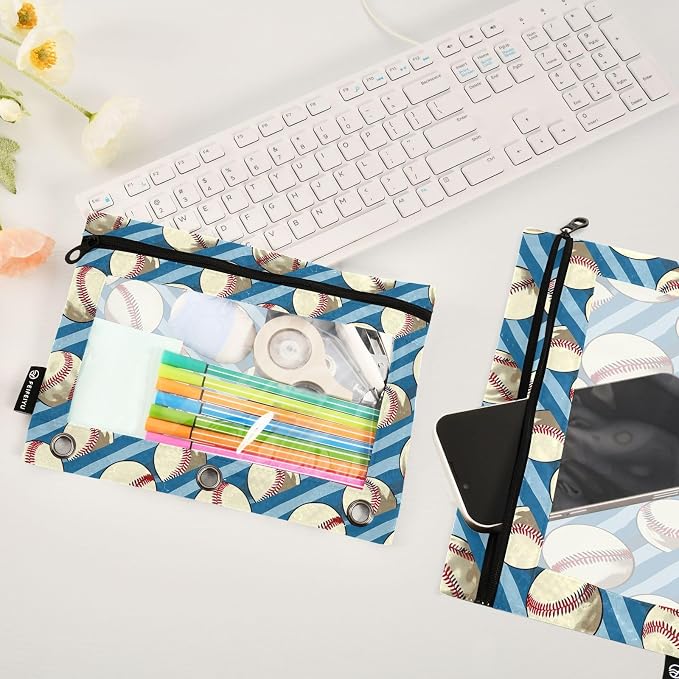 Binder Pencil Pouches, Retro Sport Pencil Case with Clear Window 3 Rings Cosmetic Bags Office Supplies 2 Pack