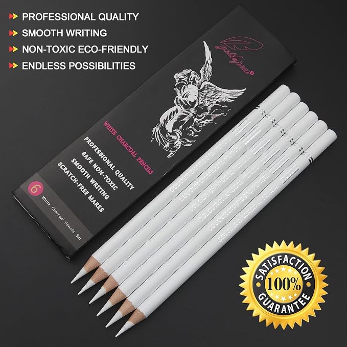 GETHPEN White Charcoal Pencils Set, High-light Sketch Chalk Pencil,6 Pieces | White Charcoal and High-light Sketch Pencils,Drawing, Sketching, Shading, Blending, White Chalk Pencils, Beginners & Artists
