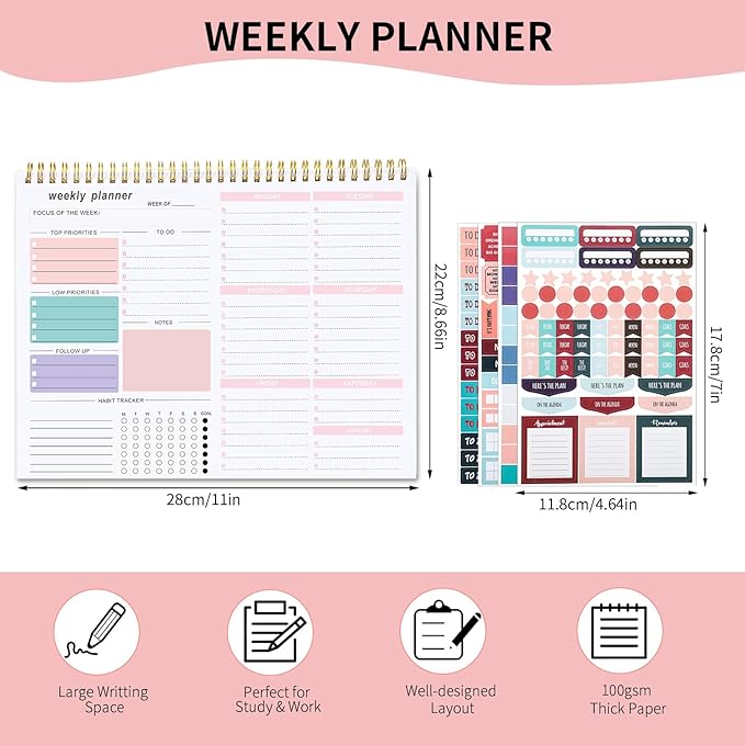 Weekly To Do List Notepad, 8.5''x11'' Weekly Desk Planner with 52 Tear Off Sheets Undated Weekly Planner Habit Tracker & Productivity Organizer for Home and Work, Pink