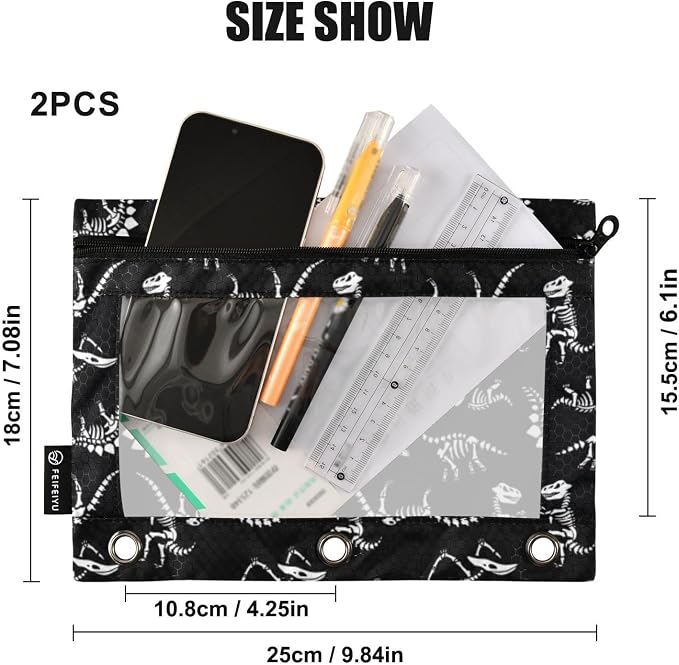 Dinosaur Skull Pencil Pouches for 3 Ring Binder 2 Pack | Binder Pencil Case With Zipper Reinforced GrommetsPencil Bags for Office Organizers