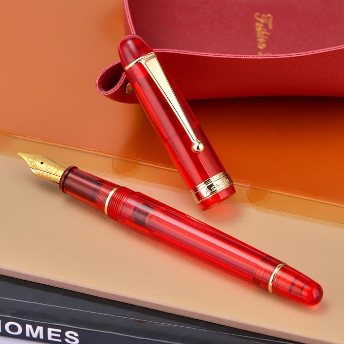 Asvine V126 Vacuum Filling Fountain Pen Transparent Red Acrylic, Medium Nib Large-Capacity with Gift Case