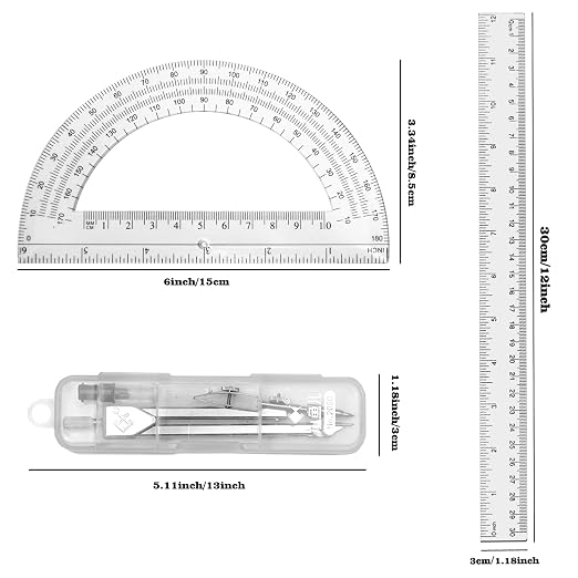 3 Packs Plastic 12 Inch Ruler,6 Inch Clear Protractor and Compasses Set Student Geometry Math Set for Classroom Set Angle Detector School Supplies Classroom Ruler Home Office Drawings