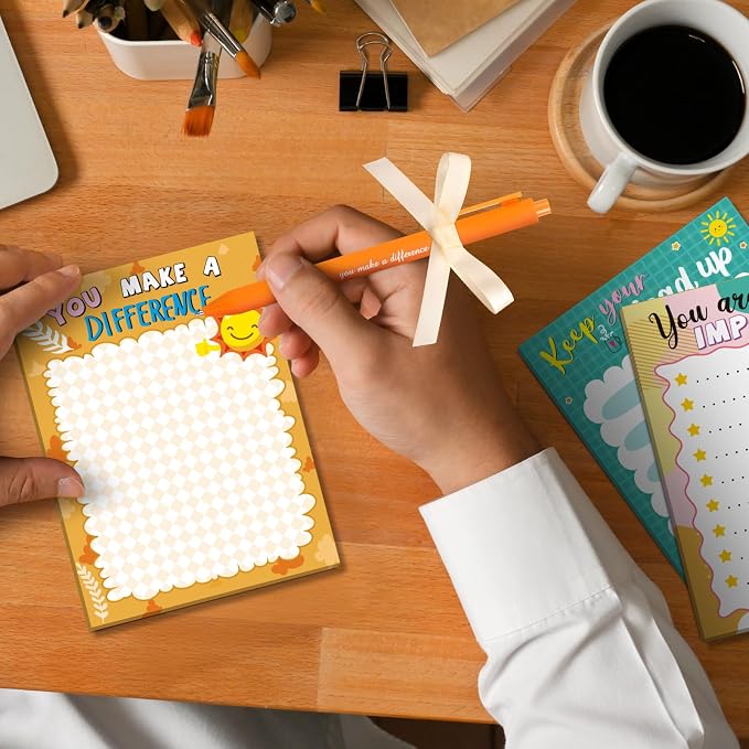 Eaasty 48 Pcs Cute Inspirational Notepads and Pens with Ribbon Bulk, Positive Affirmation Stationery Back to School Gifts for Students, Teachers, Classroom Rewards, Office Appreciation, Party Favors