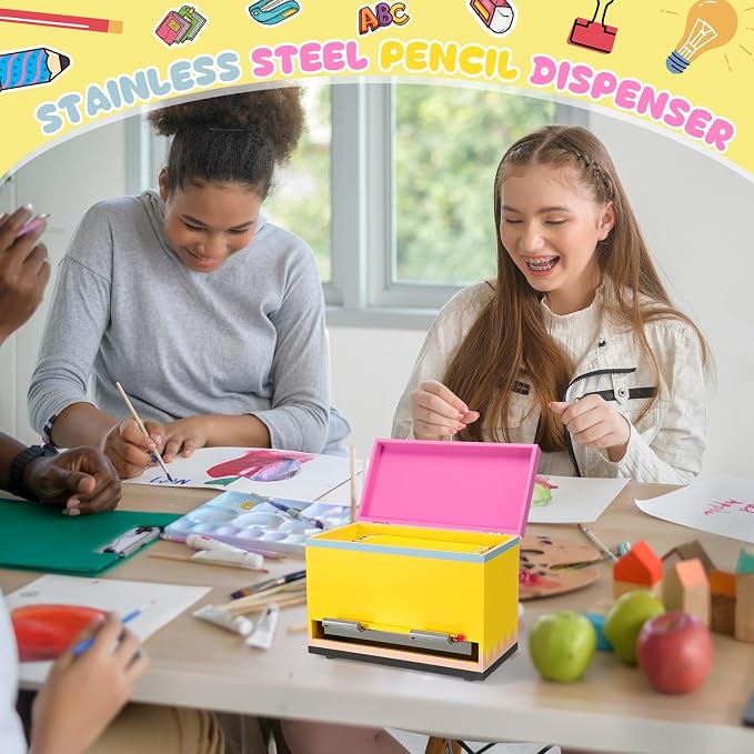 Yalikop 1 Pc Wooden Pencil Dispenser for Classroom Pastel Wood Pencils Holder for up to 200 Pencils Reusable Straw Dispenser for Home Office Teachers Supplies Storage (Pencil,Pink,Yellow)