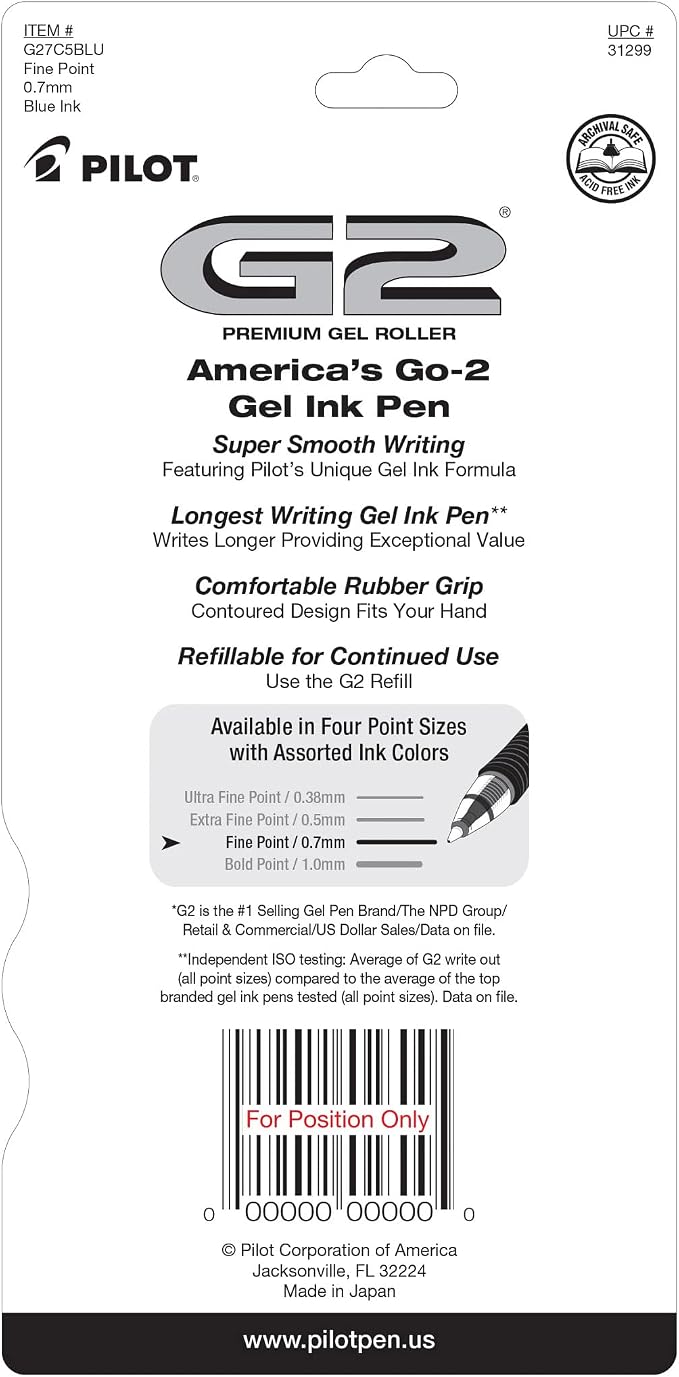 Pilot G2 Premium Gel Roller Pens, Fine Point 0.7 mm, Blue Ink Pens Fine Point, Pack of 5 - Ideal for School, Journaling, and Office Writing
