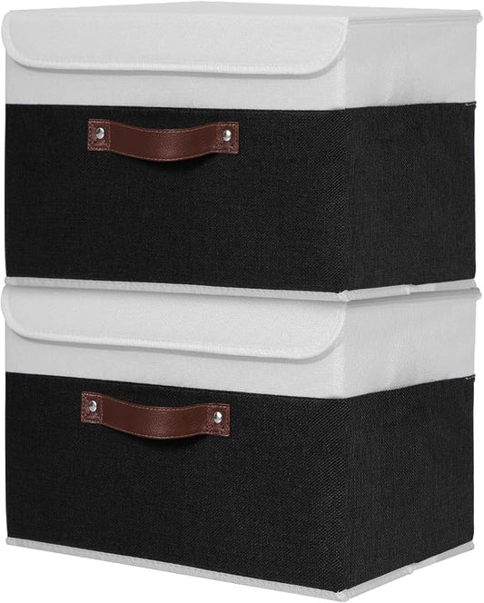 ANMINY 2PCS Storage Boxes with Lids Washable Decorative Storage Bins Basket with PU Leather Handle Foldable Linen Fabric Storage Cubes Containers for Home Closet Organizer - Black White, Medium