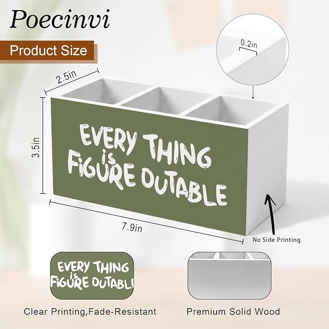 Olive Green Inspirational Pen Holder for Home Office Desk, Everything Is Figureoutable Positive Affirmations Wooden Box Sign Pencil Holder for Desk Shelf Organizer