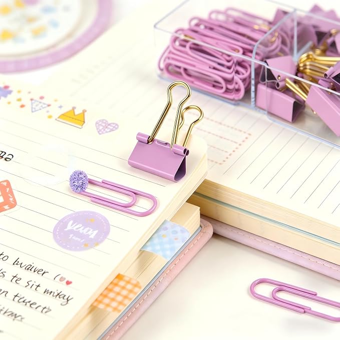 Cute Paper Clips Binder Clips Combo Set, 180 Psc, Assorted Size Paper Clips for Office, Cute Office Supplies Set,Purple