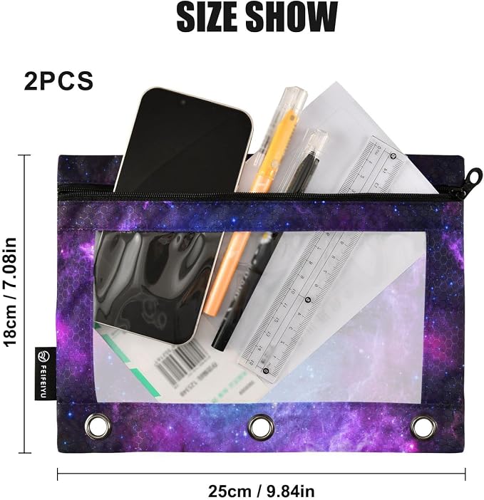 Starry Galaxy Pencil Pouch Fits Standard 3-Ring Binders, Zipper Binder Pencil Bag with Clear Window for Class Office 2 Pack