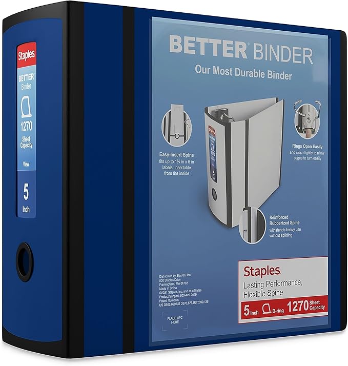 Staples Better Binder, 5" Extra‑Capacity Heavy‑Duty D‑Ring Binder, Navy Blue, Reinforced Spine, Holds 1,050 Sheets, High‑Capacity Office & Records Organizer, 2‑Pack