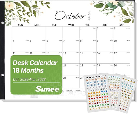 SUNEE Desk Calendar 2026-2027 Large 22x17 from October 2026 to March 2028, Extra Large Desktop Monthly Calendar Pad 18 Months For Teacher or Office, Desk Top, Greenery